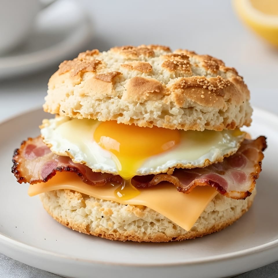 Biscuit sandwich with runny fried egg, crispy bacon, and melted cheese on a white plate.