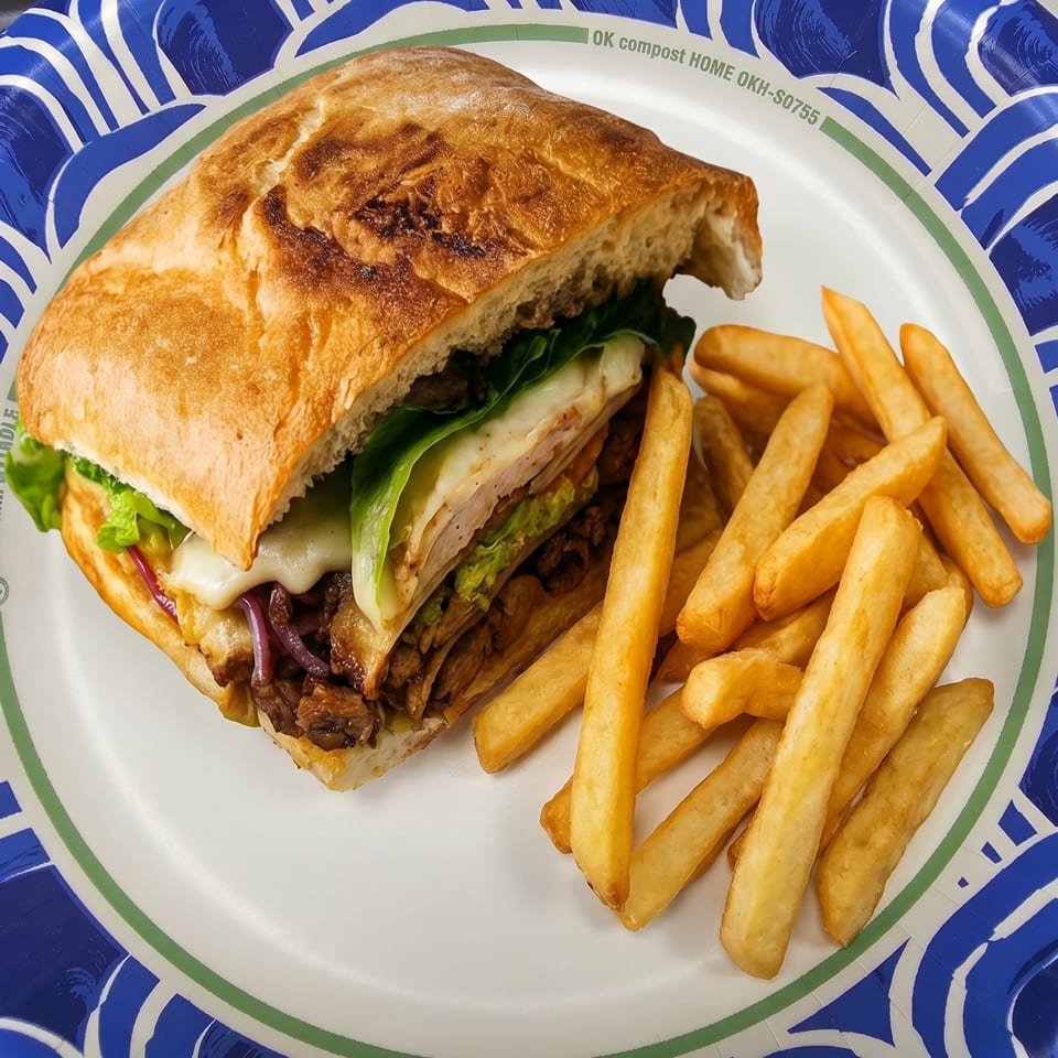 A chicken sandwich with melted cheese, lettuce, and onions, served with golden french fries on a paper plate.