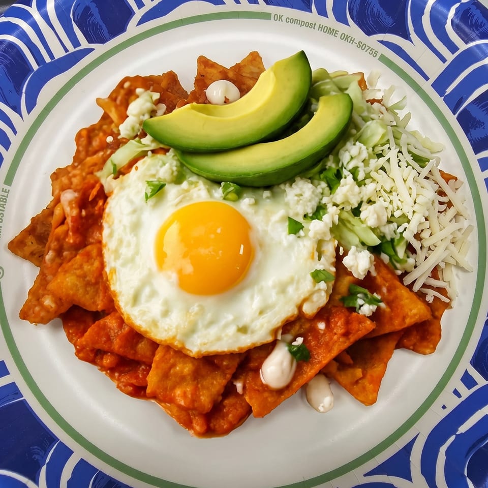Chilaquiles with a fried egg, avocado slices, shredded cheese, and crema on a paper plate.