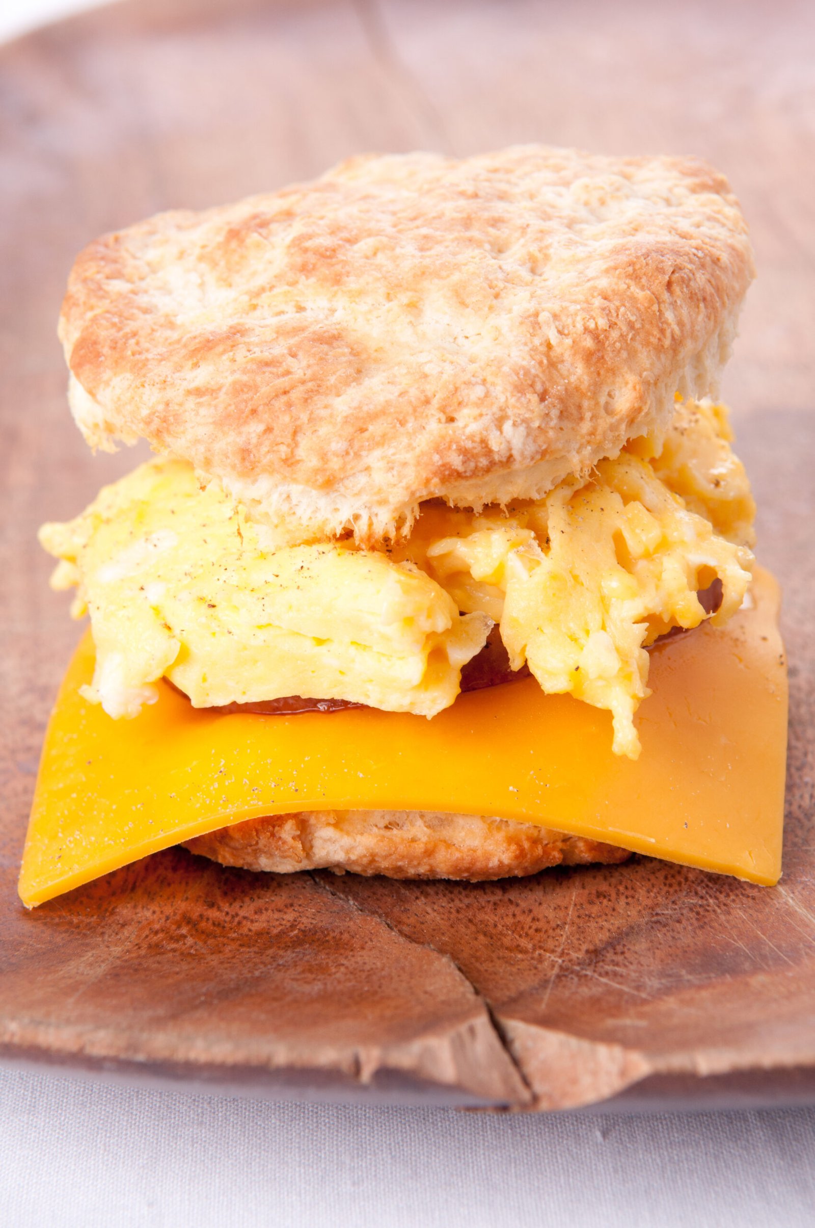 hearty egg, sausage, cheese sandwich on a homemade buttermilk biscuit
